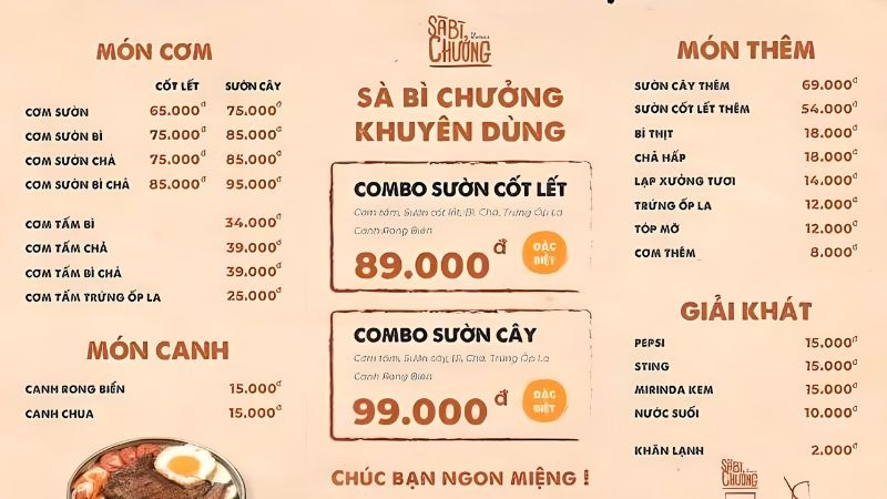 Menu quán cơm tấm Độ Mixi đa dạng, nhiều topping cho thực khách lựa chọn với giá cả phải chăng.