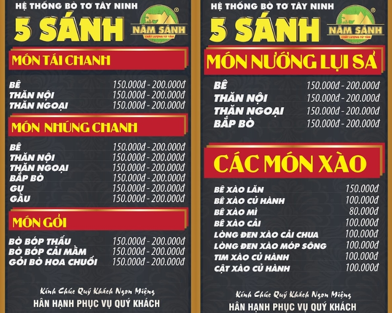 Menu bò tơ 5 Sánh