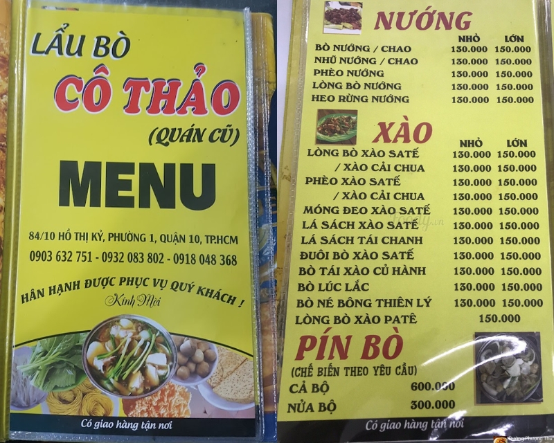 Menu lẩu bò Cô Thảo