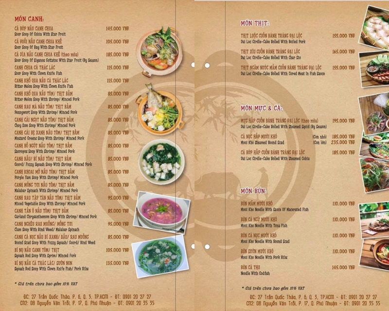 Menu quán Trường Giang